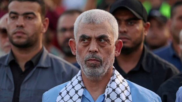 Head of the political wing of the Palestinian Hamas movement in the Gaza Strip Yahya Sinwar attends a rally in support of Jerusalem's al-Aqsa mosque in Gaza City on October 1, 2022. (Photo by MAHMUD HAMS / AFP)