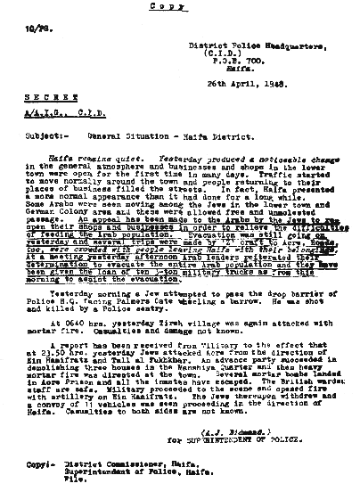 Arab armies told Palestinian Arabs to evacuate according to a police report from 1948