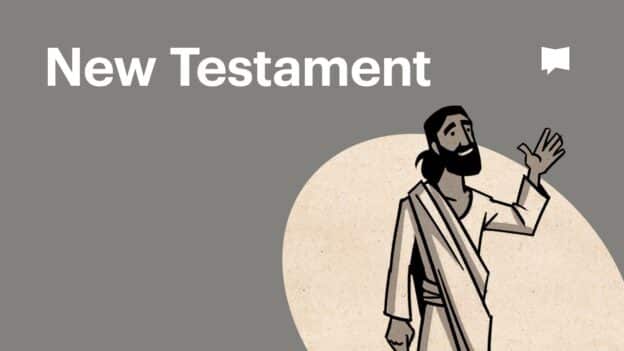 Banner-style graphic reading 'New Testament' with a bearded man in biblical robes waving, set against a beige oval on a gray background.