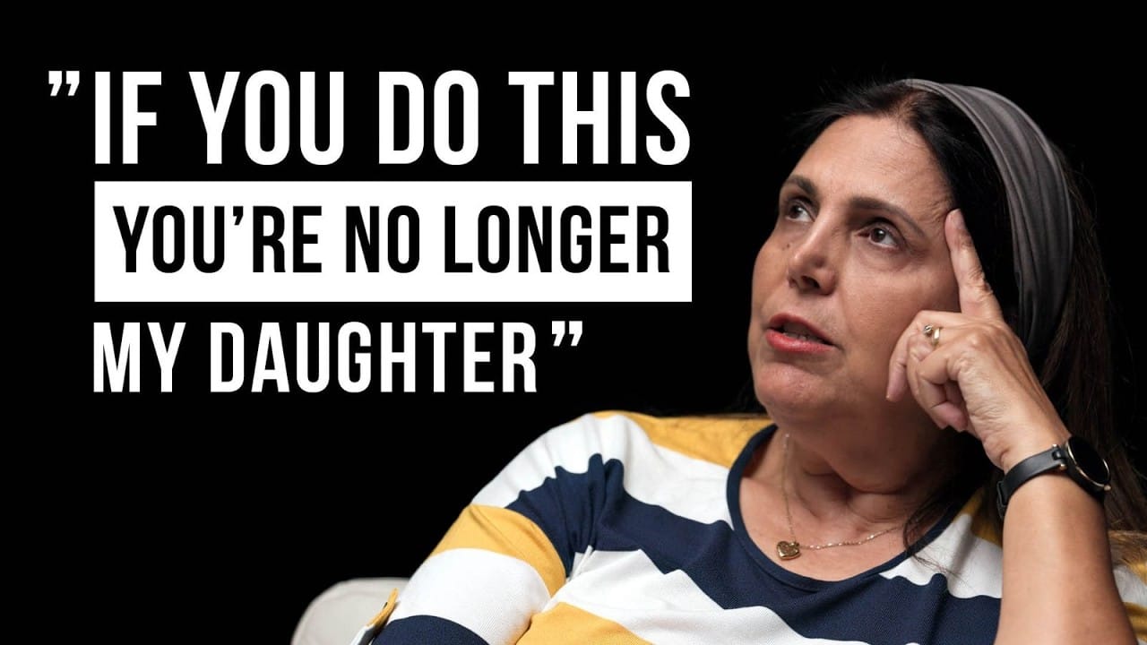 Quote on black background: “If you do this you’re no longer my daughter” with a thoughtful woman on the right side.