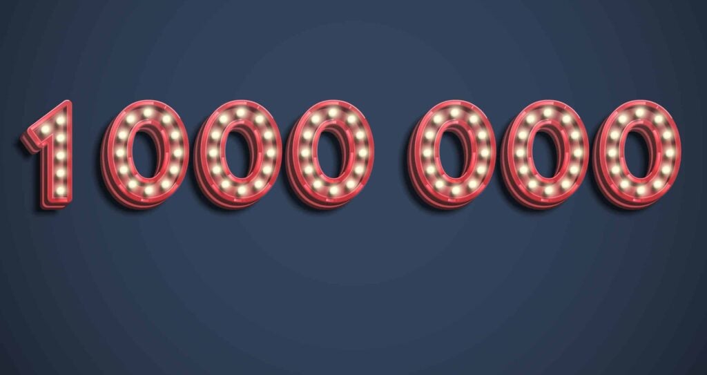 Red illuminated marquee digits spell out 10,000,000 on a dark blue background.