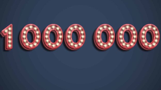 Red illuminated marquee digits spell out 10,000,000 on a dark blue background.