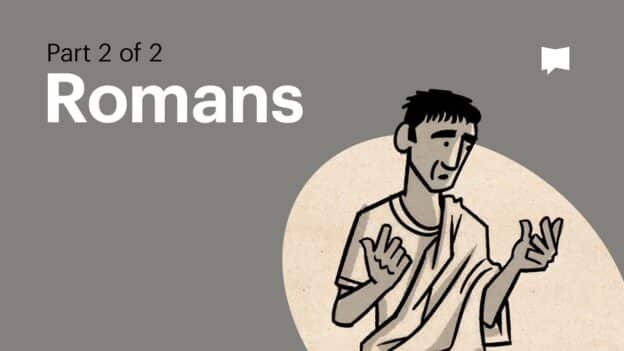 Part 2 of 2 Romans title slide with a line-drawn man in robes on a gray background