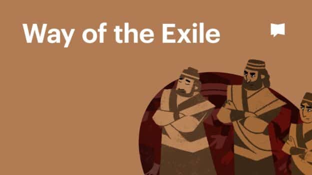 Three stylized figures in brown robes on the right, with arms crossed, beside the tan background and the heading 'Way of the Exile' on the left.