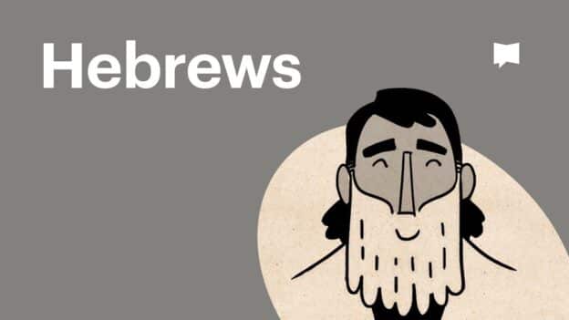 Grey header banner reading 'Hebrews' in large white text with a cartoon bearded man illustration on the right side.
