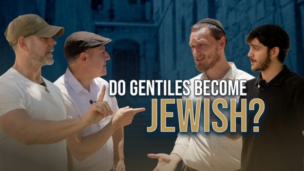 Thumbnail with four men in a outdoor discussion and the bold title 'DO GENTILES BECOME JEWISH?' overlaid in white and gold letters