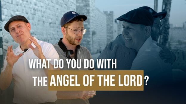 Three men stand outdoors, one gesturing as they converse, with bold text overlay reading 'What do you do with the Angel of the Lord?' on a video thumbnail.