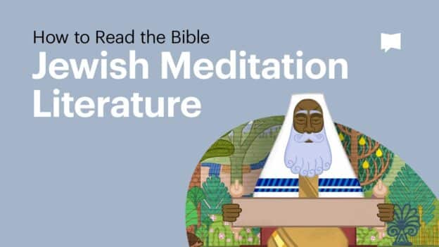Cover image for 'How to Read the Bible: Jewish Meditation Literature' with large white text on blue background and a stylized sage holding a blank sign over a circular jungle backdrop