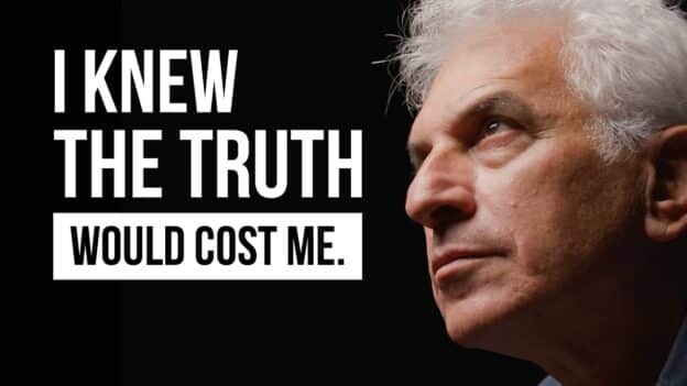 Man in profile on the right gazing upward beside a bold white quote: 'I KNEW THE TRUTH WOULD COST ME' on a black background.