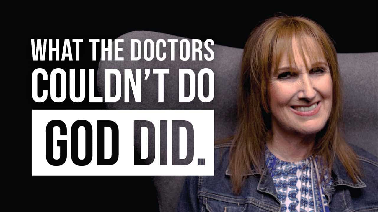 Graphic with bold white text: 'What the doctors couldn't do, God did' beside a smiling woman in a denim jacket.