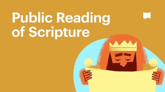Public Reading of Scripture banner with a crowned figure reading a scroll on a mustard background