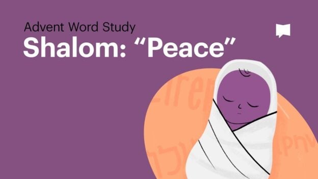 Purple background with the title 'Advent Word Study Shalom: “Peace”' and a wrapped baby illustration on the right, symbolizing peace.