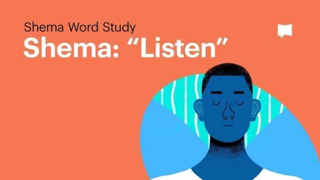 Graphic promoting a Shema Word Study with the word "Listen" and a blue person with closed eyes on an orange background.