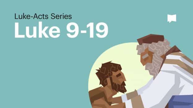 Illustration for Luke-Acts Series: Luke 9-19, showing two men embracing against a teal background.