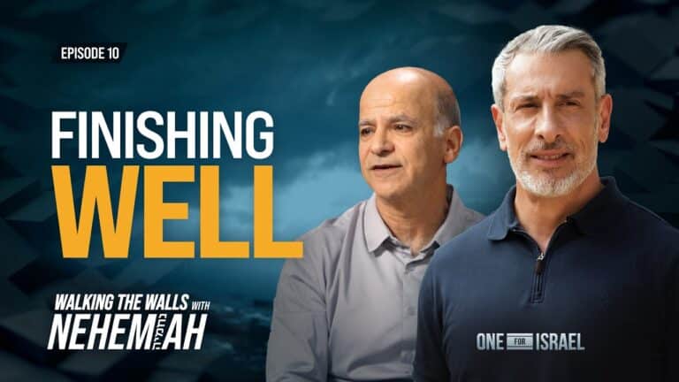 Video cover for 'Finishing Well' episode 10 of 'Walking the Walls with Nehemiah' showing two men against a teal background with bold white and orange text, and 'One for Israel' logo.