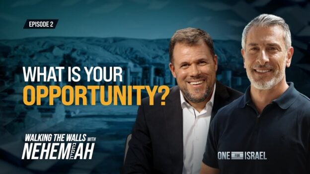 Two men smiling in front of a blue promotional banner reading 'WHAT IS YOUR OPPORTUNITY?' for Episode 2 of Walking the Walls with Nehemiah, with logos visible.