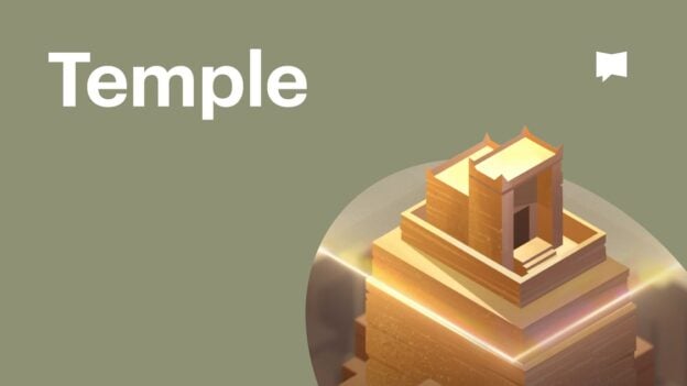 Temple brand banner with a stylized golden temple illustration on the right against an olive background.