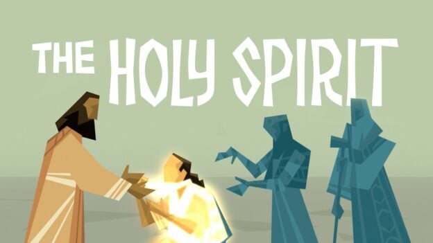 Abstract scene of a tan-robed person reaching toward a glowing central figure while two blue figures approach; text reads THE HOLY SPIRIT.