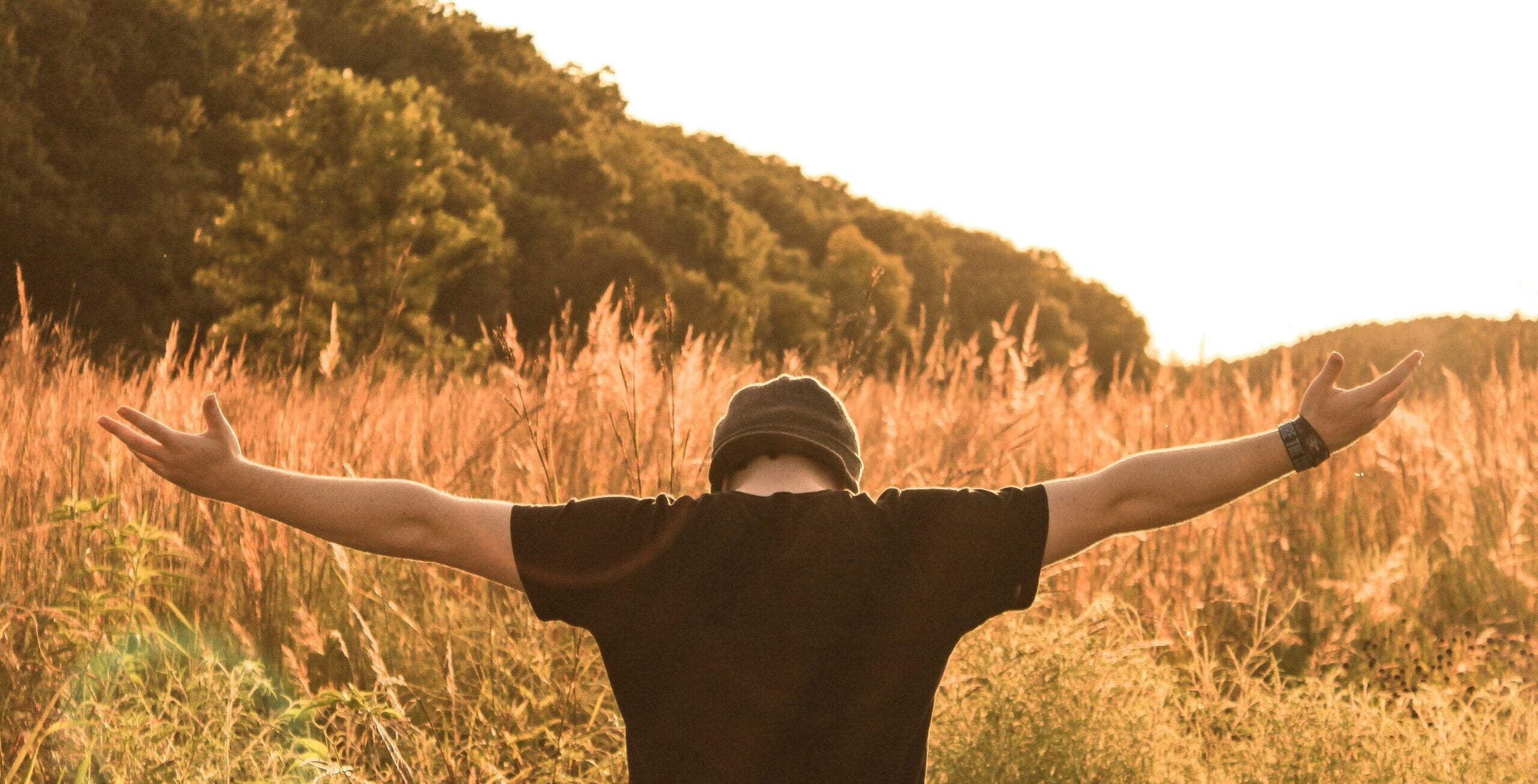 Person standing in a tall grassy field with arms outstretched at sunset, seen from behind.