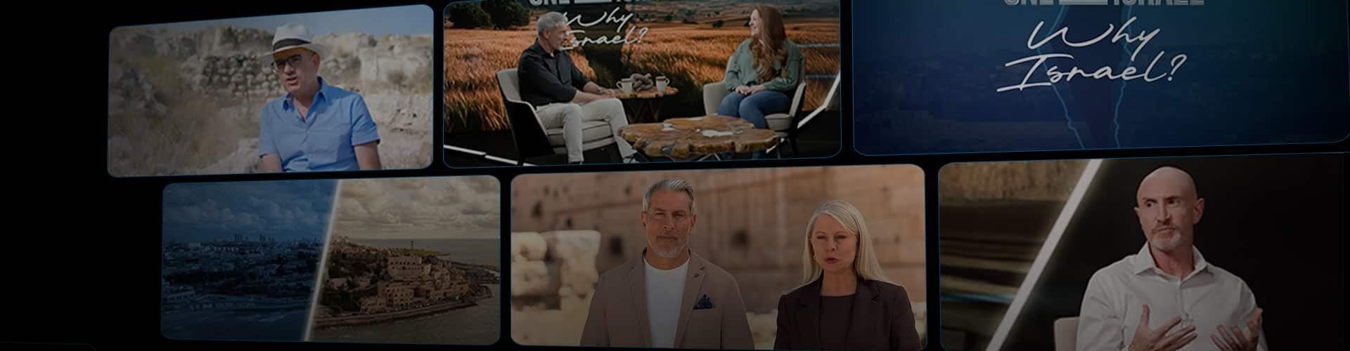 Collage of rounded video thumbnails on a dark backdrop showing interview scenes and a 'One for Israel' banner.