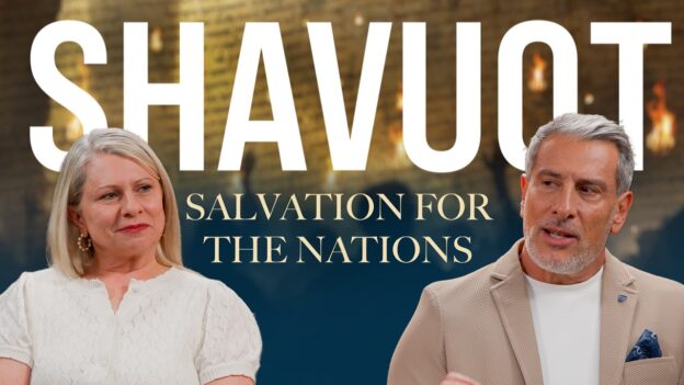 Promotional banner for Shavuot: 'Salvation for the Nations' with a woman on the left and a man on the right.