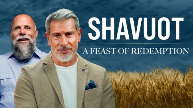 Promotional banner for Shavuot: two men in front of a wheat field and blue sky with large 'SHAVUOT' text and subtitle 'A Feast of Redemption'.
