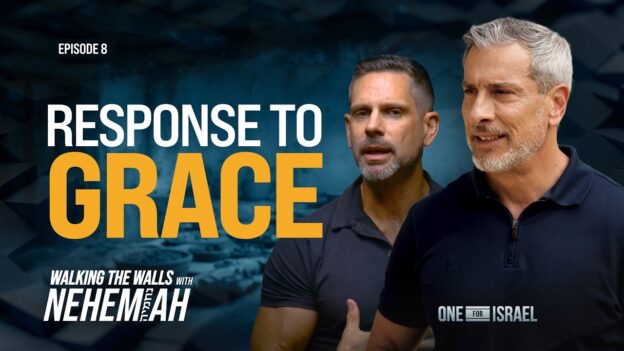 Video thumbnail for 'Response to Grace' (Episode 8) in the Walking the Walls with Nehemiah series, showing two men in dark polo shirts with bold orange 'GRACE' text.